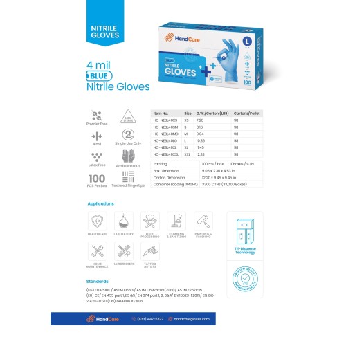 Hot Selling HandCare Blue Nitrile Gloves - Exam Grade, Powder Free (4 Mil), 1,000 Gloves