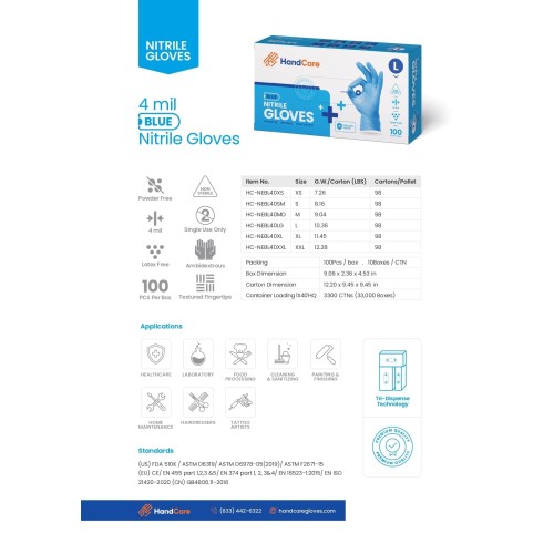 Hot Selling HandCare Blue Nitrile Gloves - Exam Grade, Powder Free (4 Mil) 100 Gloves (1 Box)